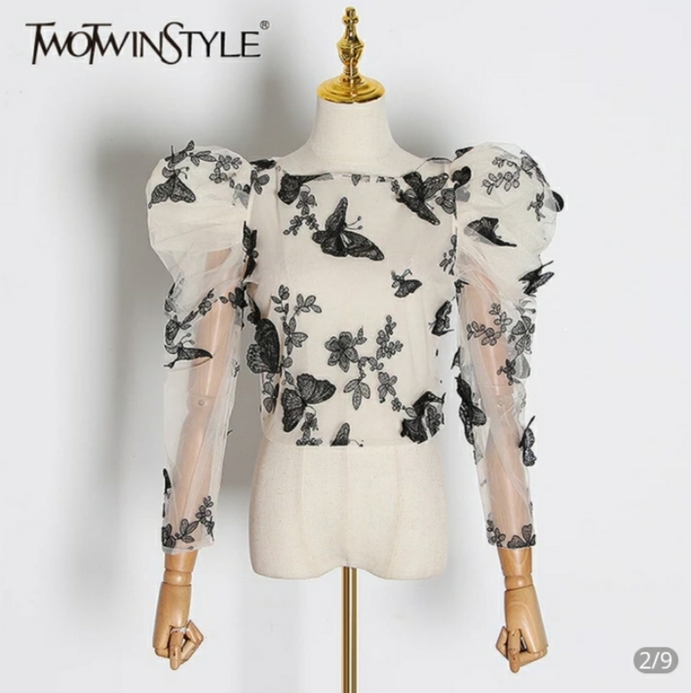 Beige Puff Sleeve Butterfly Embroidery Mesh Shirt